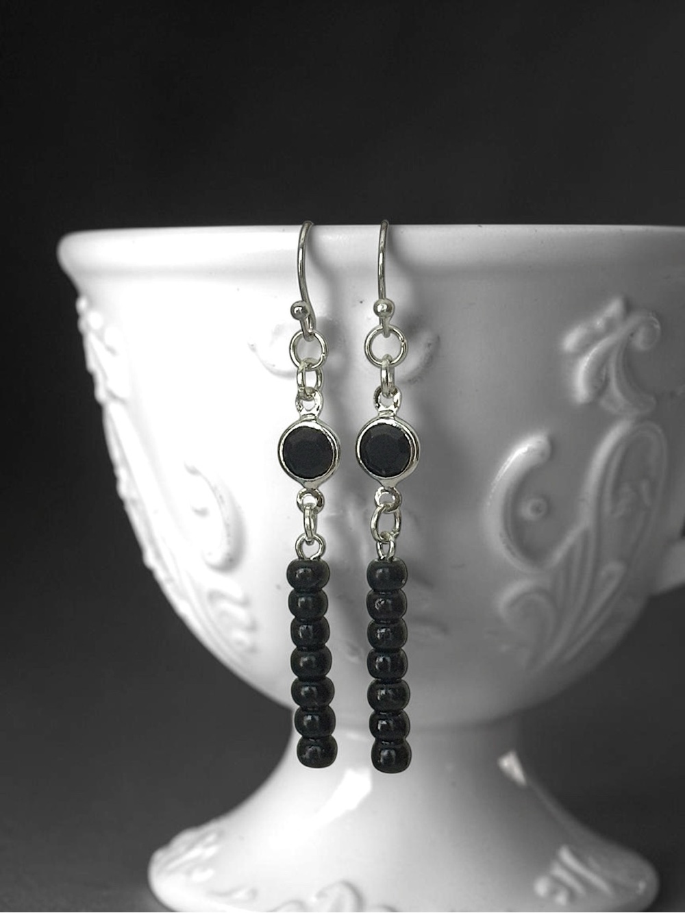 5 For $25💫Long Black Beaded Earrings Dangles With a Black Acrylic Gem Accent